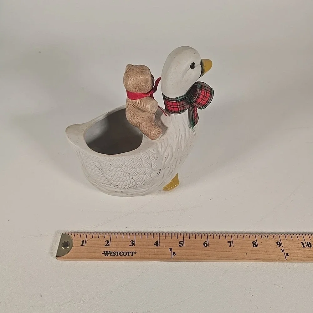 Vintage Ceramic Teddy Bear on‎ Goose Back Bows Candy Dish Planter Trinket Holder